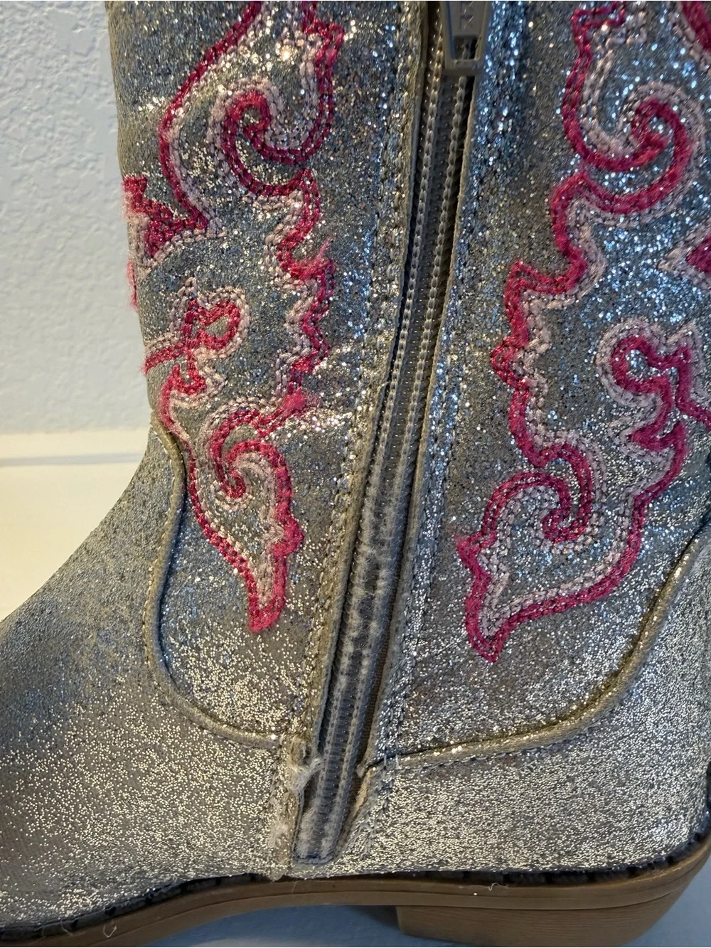 PAWZ Silver Glitter Girls Cowboy Boots with Pink Embroidery